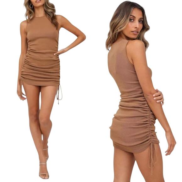 LIONESS Military Minds Sleeveless Ruched Mini Dress Sz Small Camel Brown - Picture 1 of 7